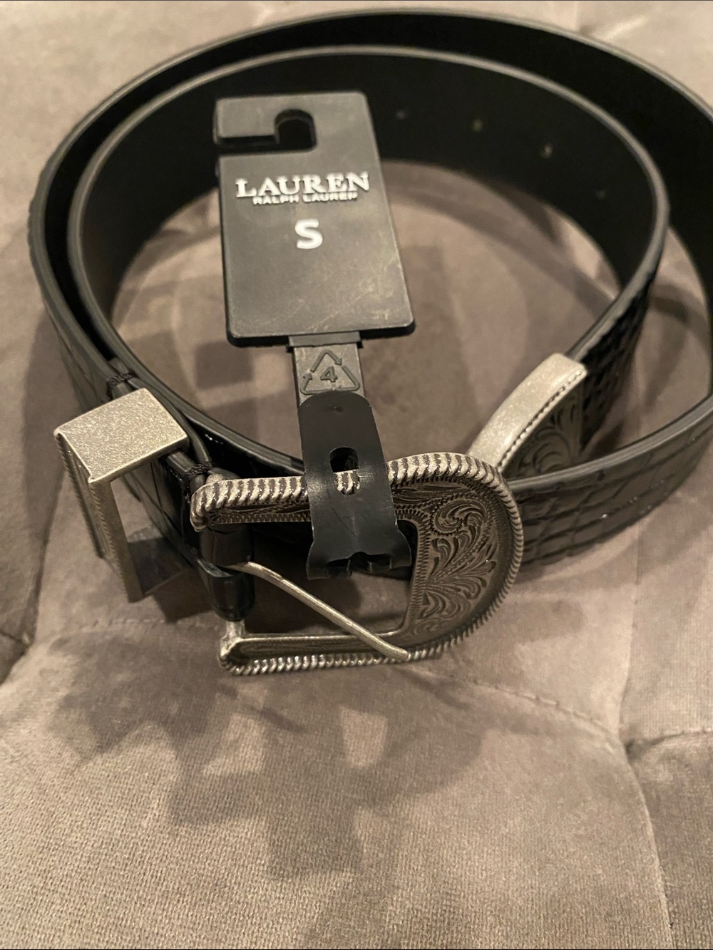 Lauren Ralph Lauren Black Croc-Embossed Belt with Ornate Silver Buckle